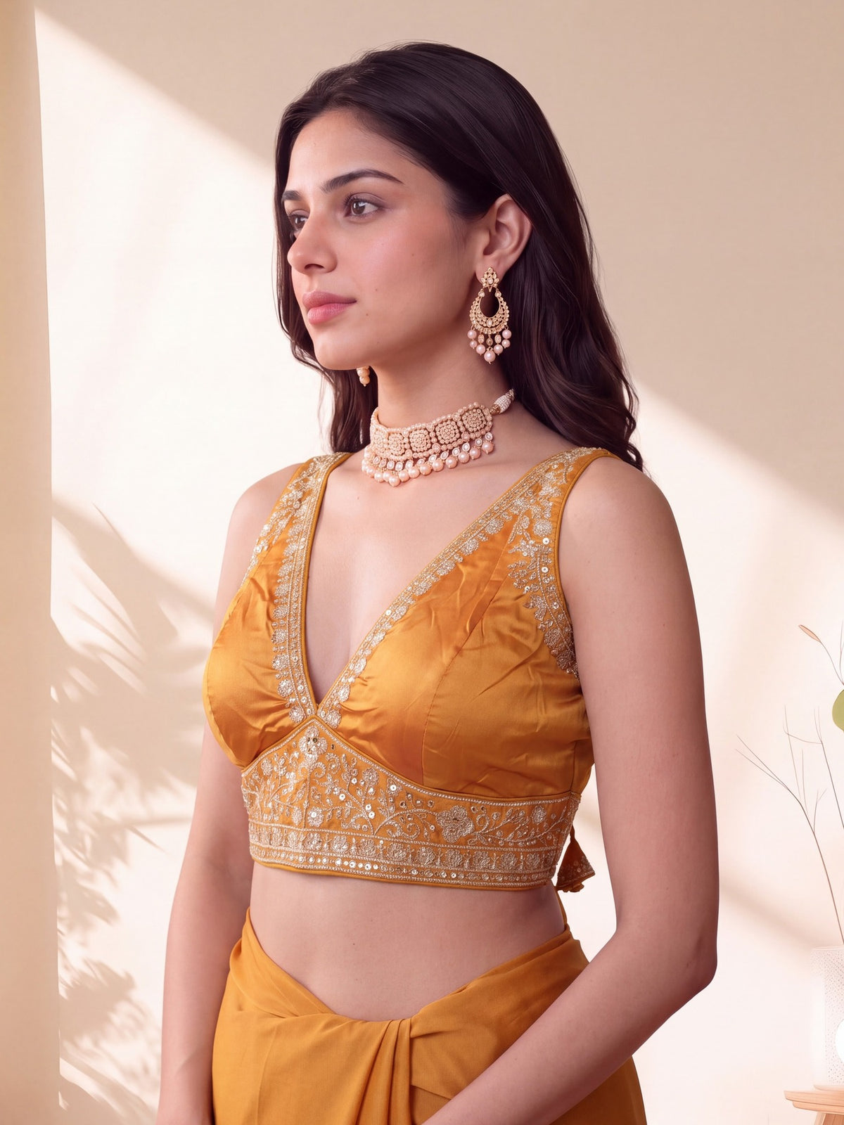 Orange sequin embellished silk blend sleeveless readymade saree blouse with deep v neck view 2
