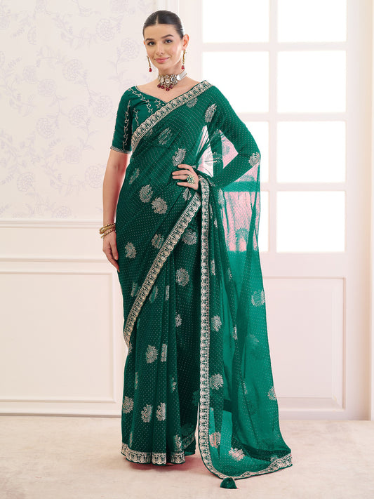 Teal Green foil chiffon saree with teal green blouse piece