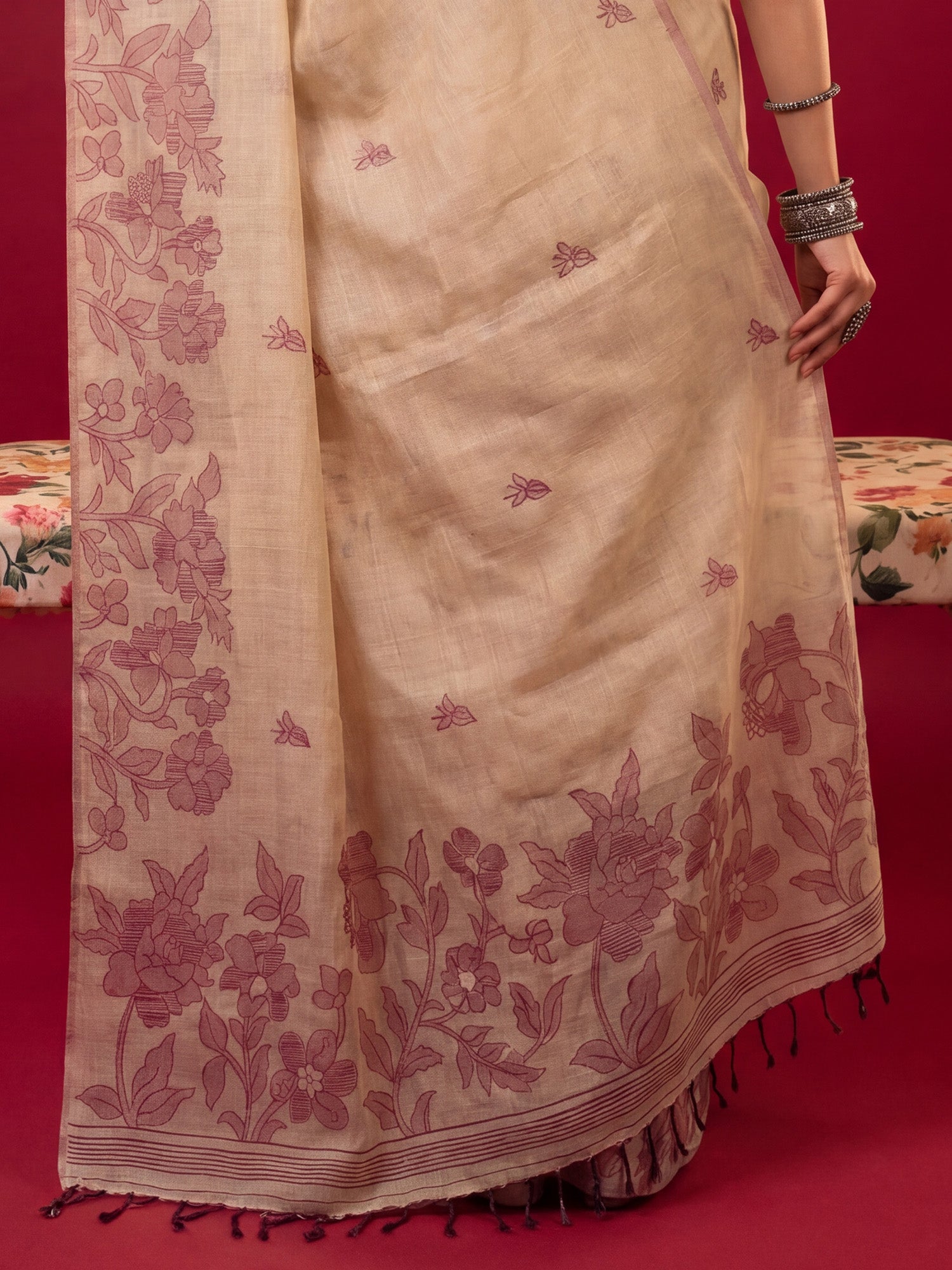 Cream Chanderi Cotton saree – detail view 5