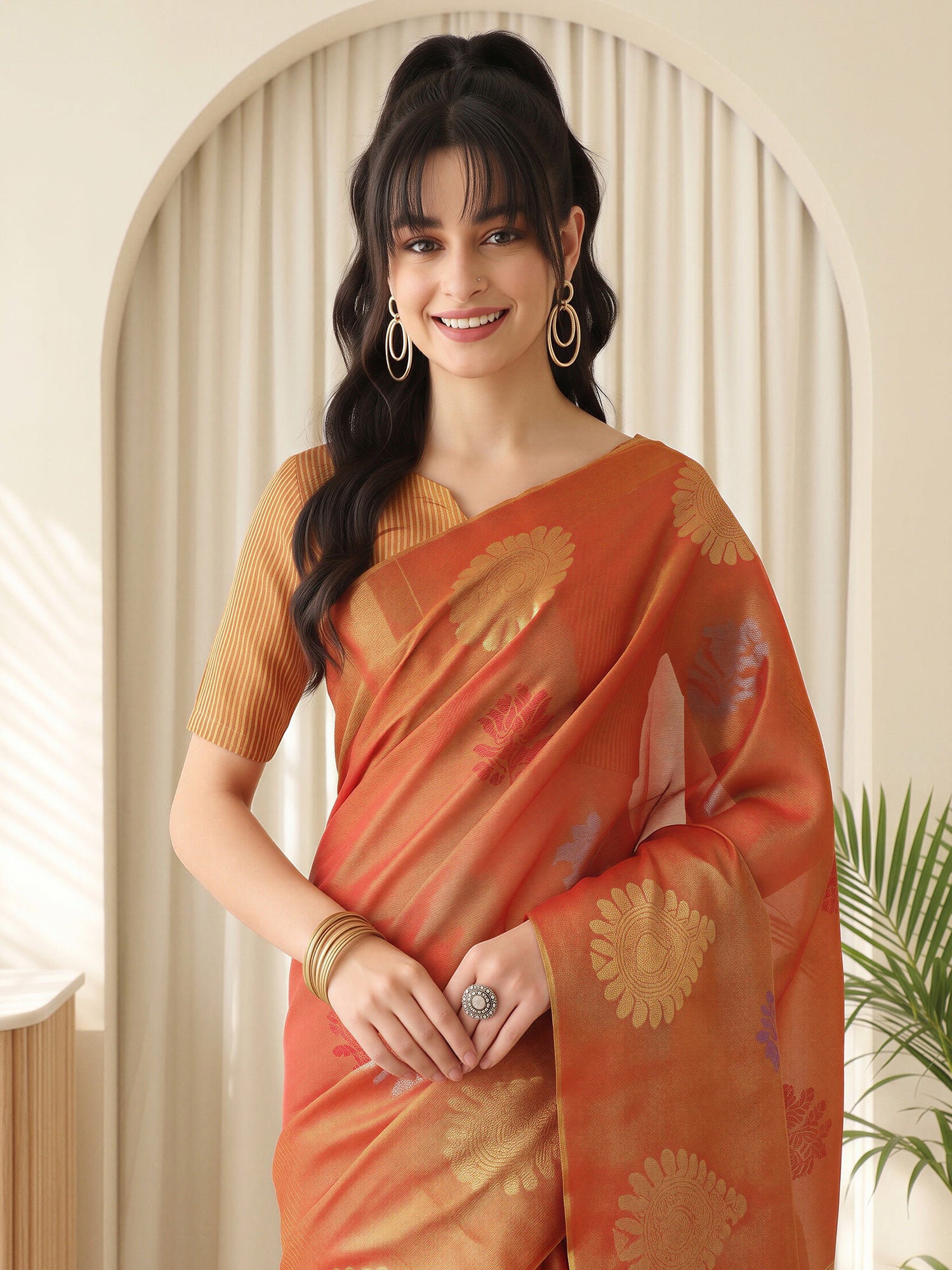 Rust Linen saree – detail view 4