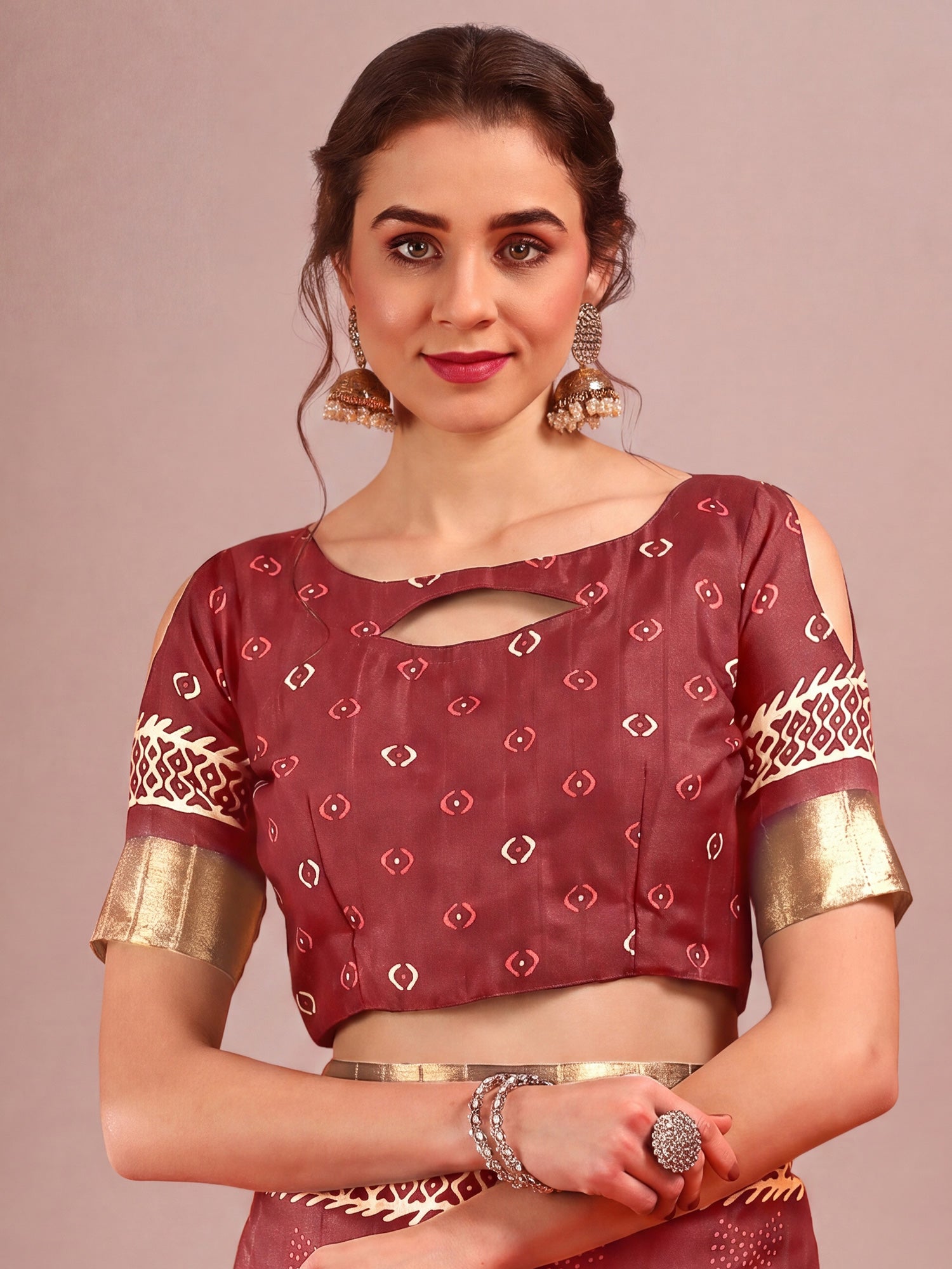 Unstitched rust cotton silk blouse piece with ethnic motif design