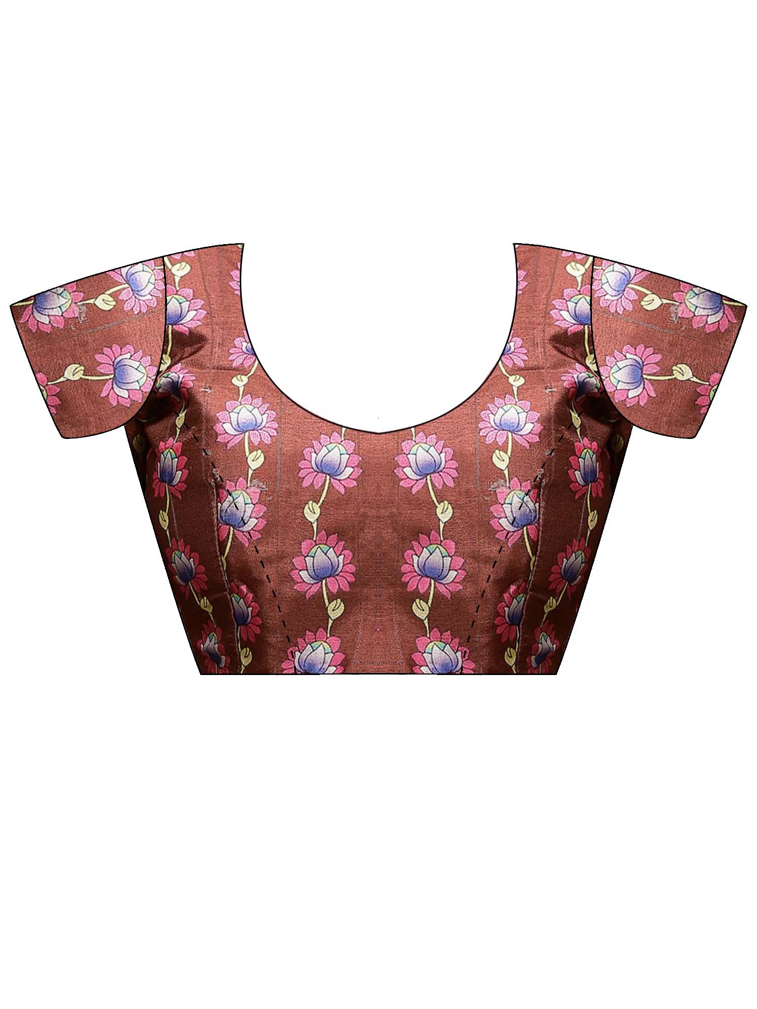 Unstitched brown silk blend blouse piece with floral design