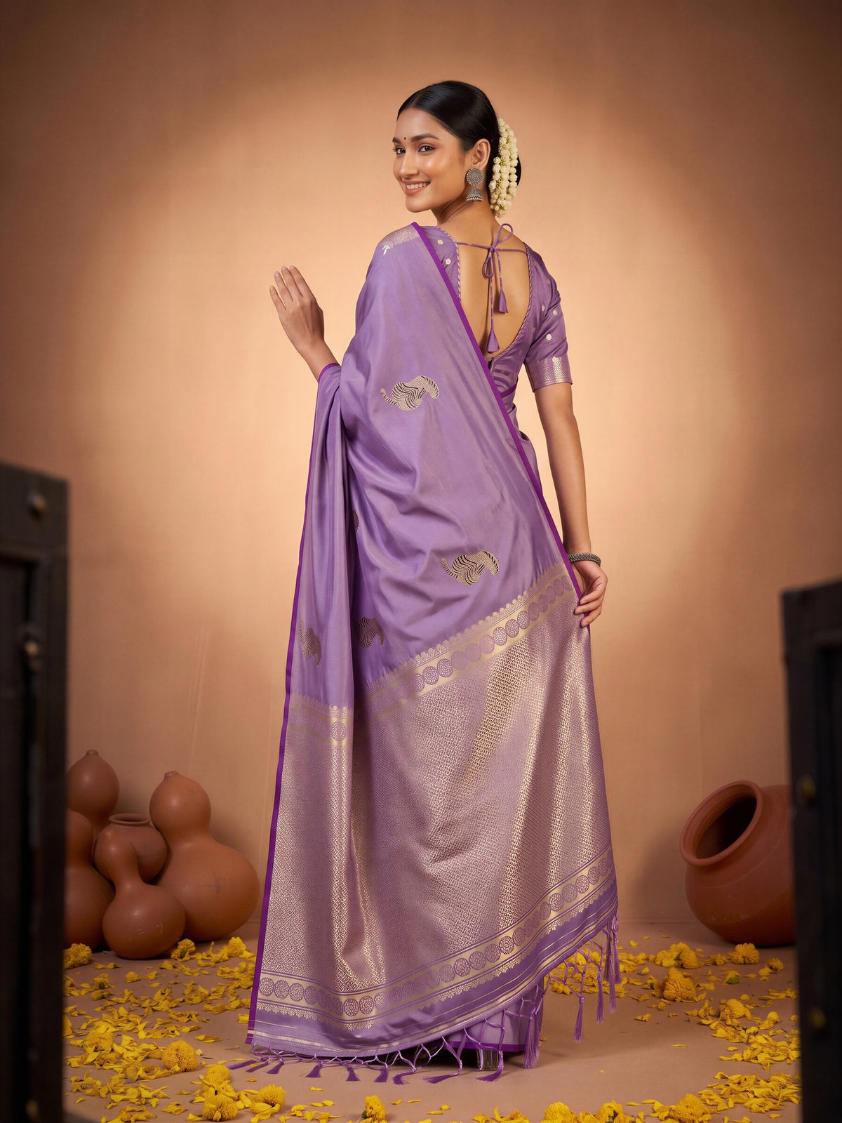 Lavender Satin Silk saree – detail view 1