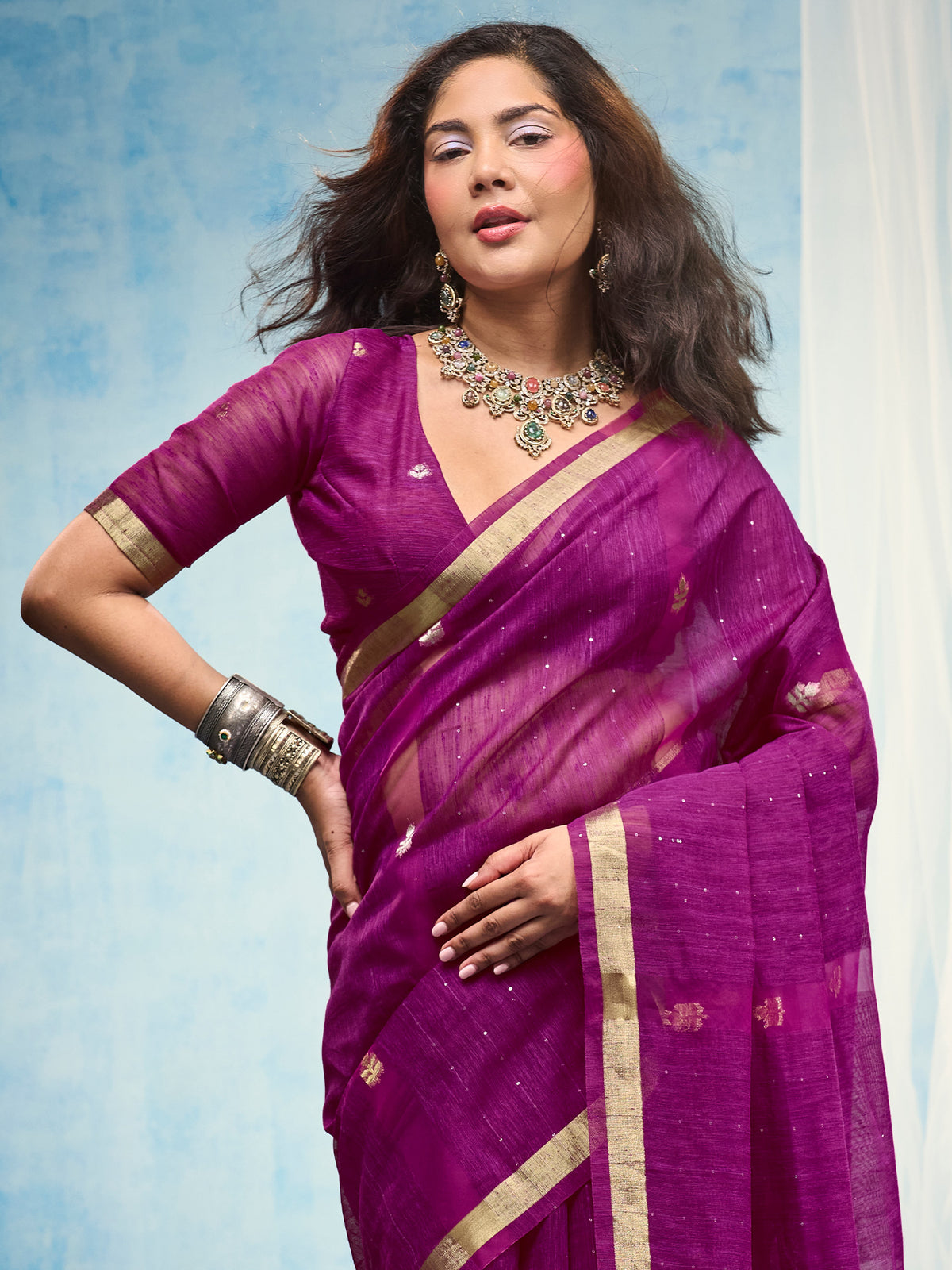 Magenta Muga Silk saree – detail view 4