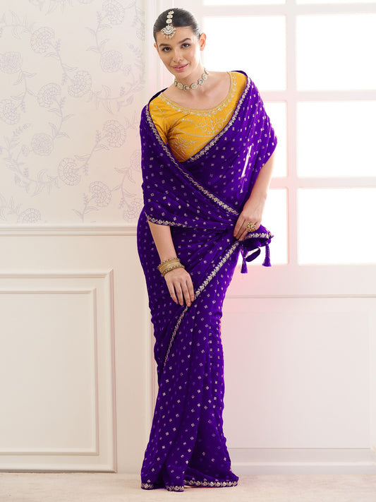 Violet chiffon saree view 1