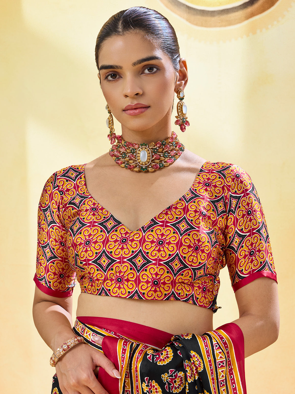 Unstitched rust satin blouse piece with ajrak design