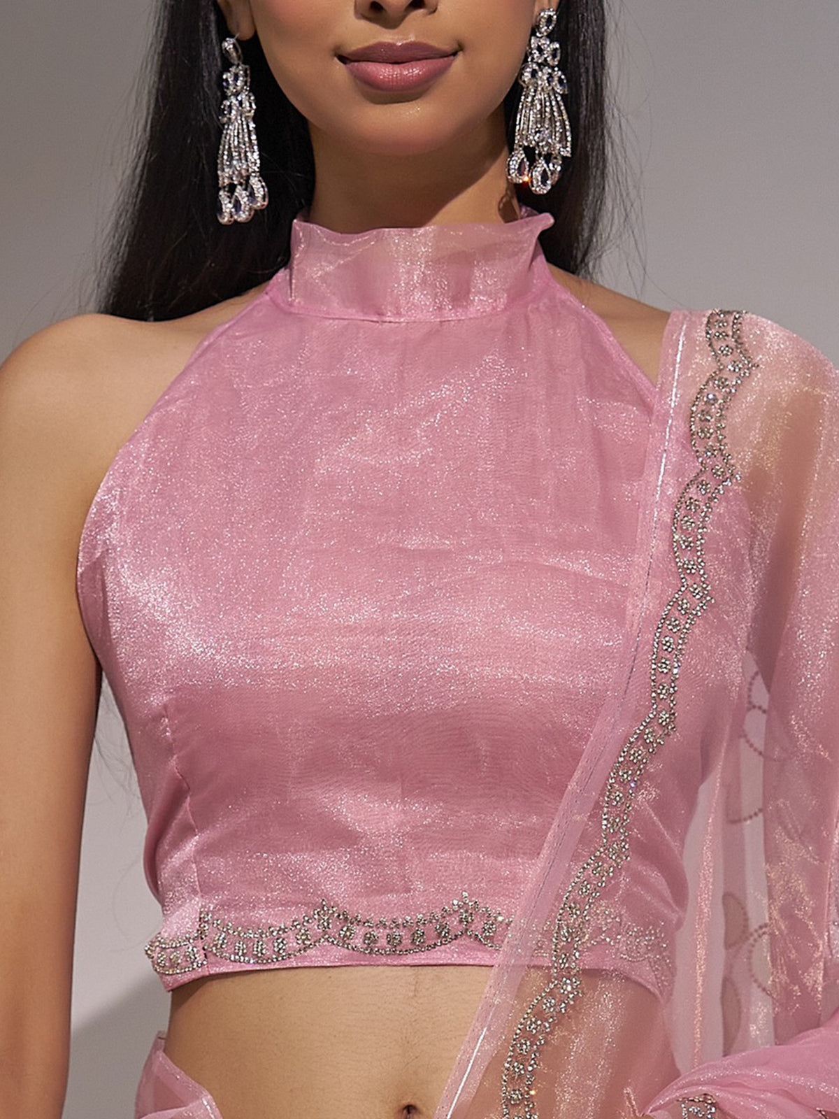 Unstitched pink organza blouse piece with embellished design