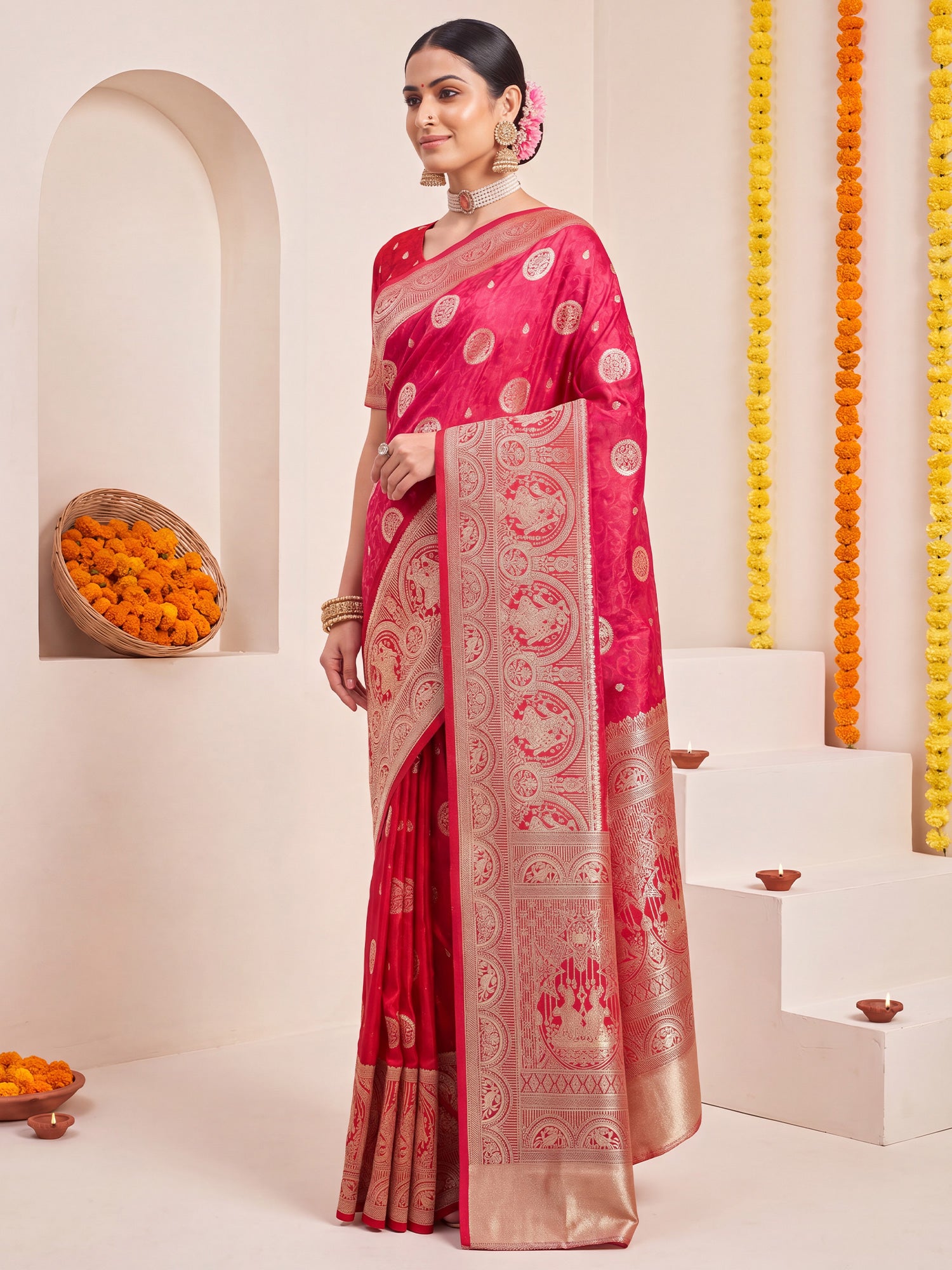 Pink Satin Silk saree – detail view 2