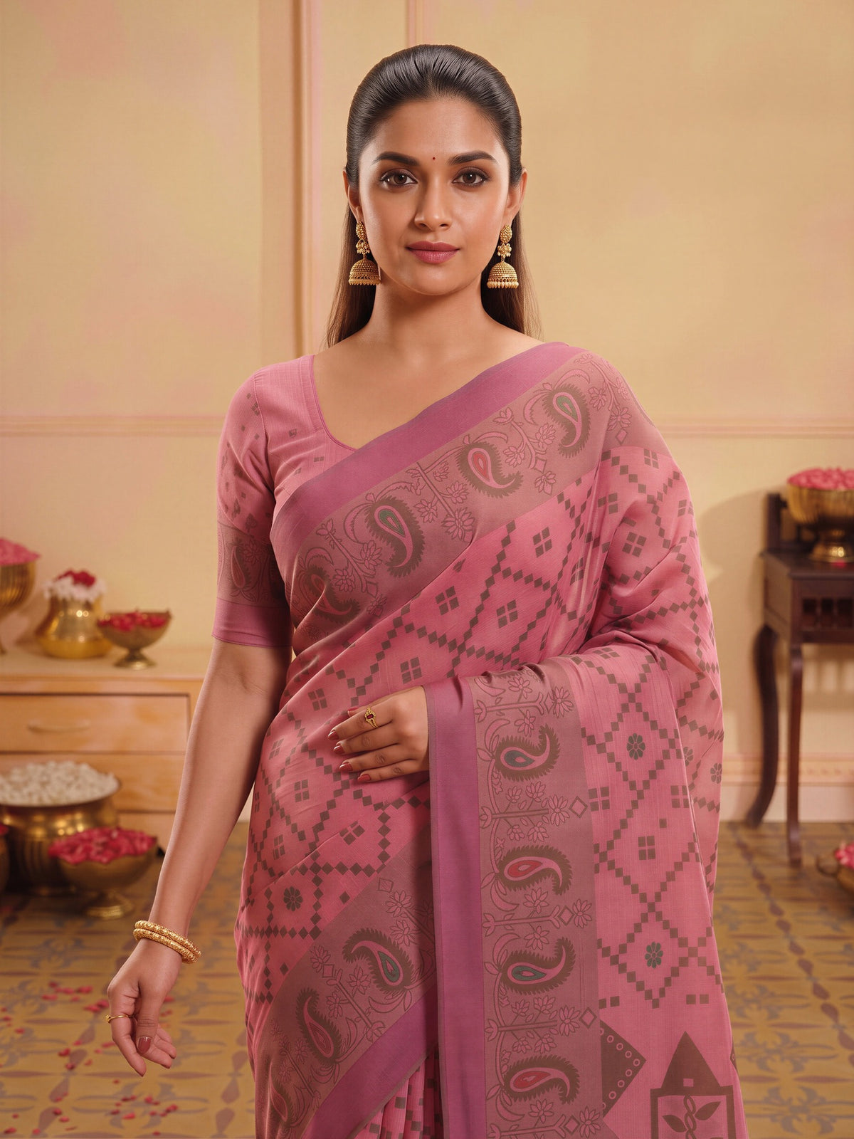 Pink silk blend saree view 4