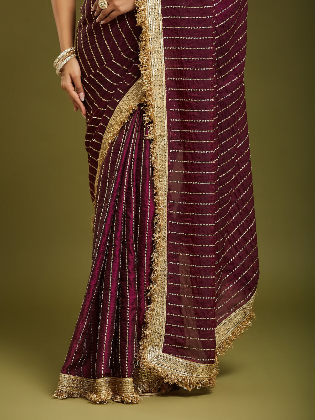 Wine Satin saree – detail view 5