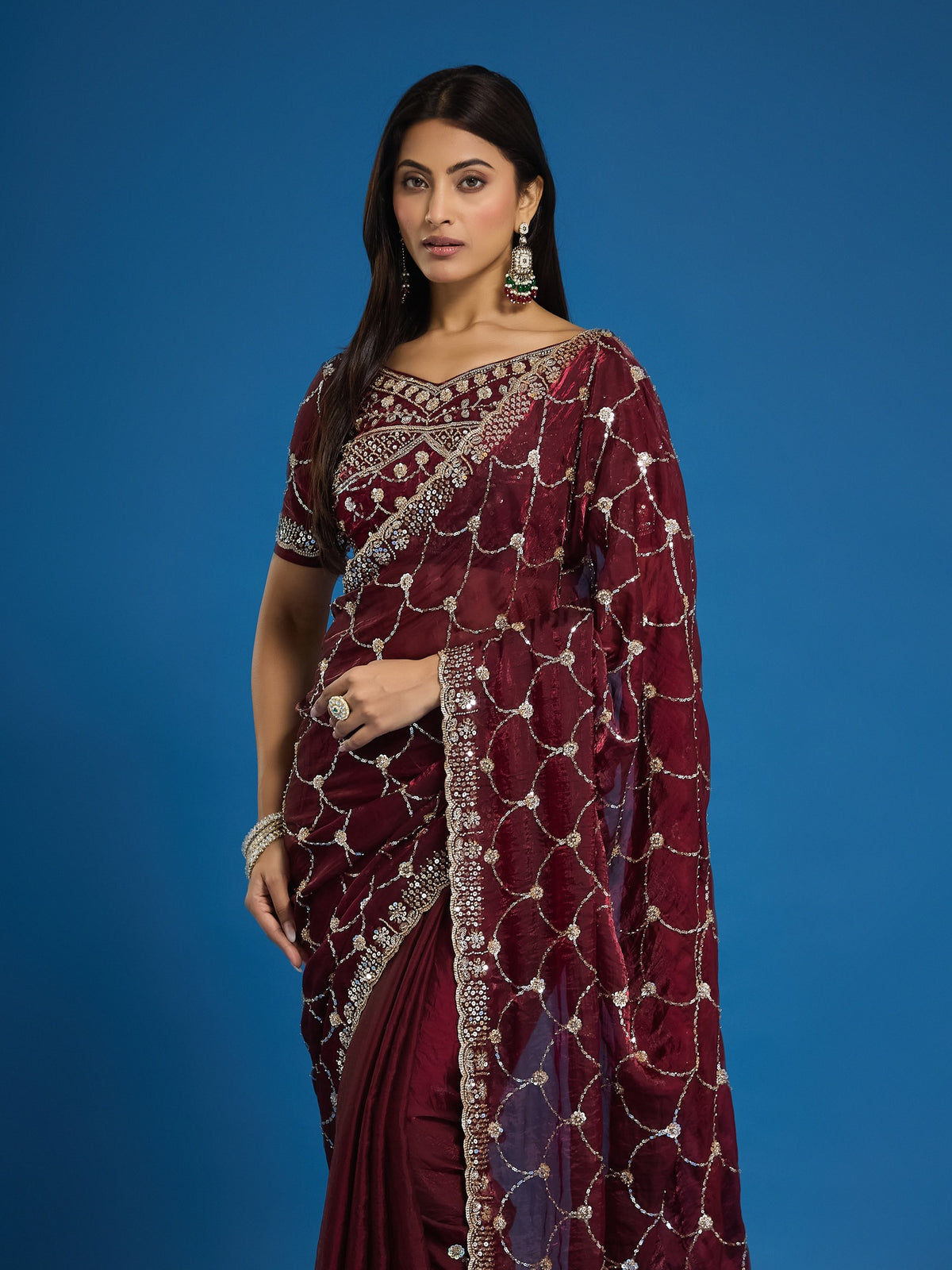 Maroon Satin saree – detail view 5
