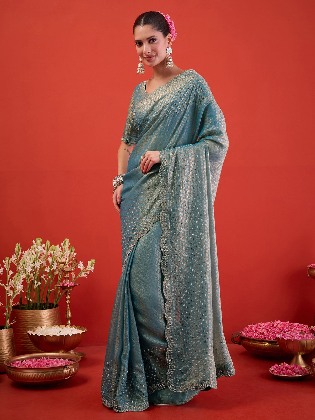 Light Blue Satin saree – detail view 3