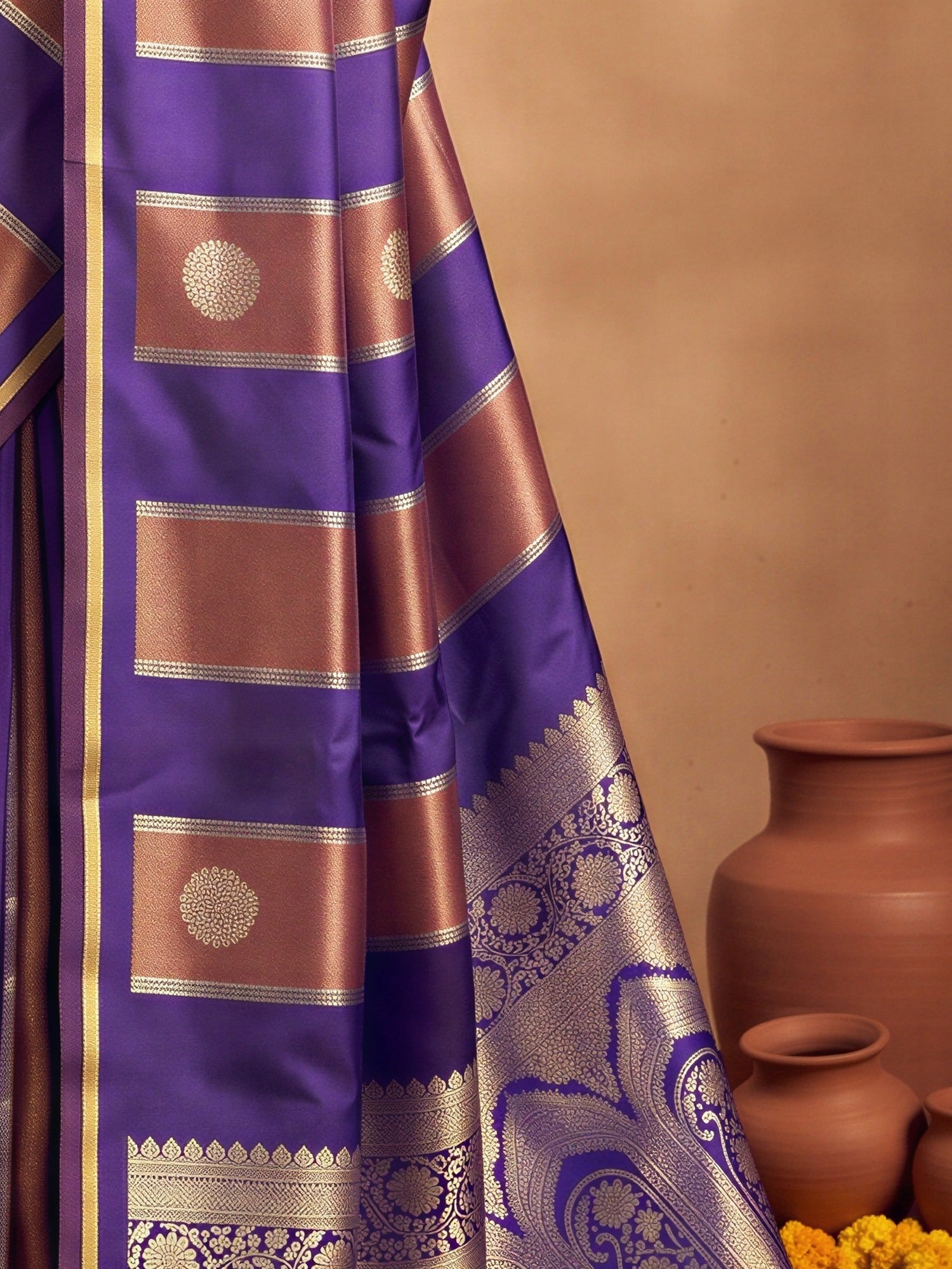 Pallu detail of purple satin saree showing traditional indian motif work and zari border