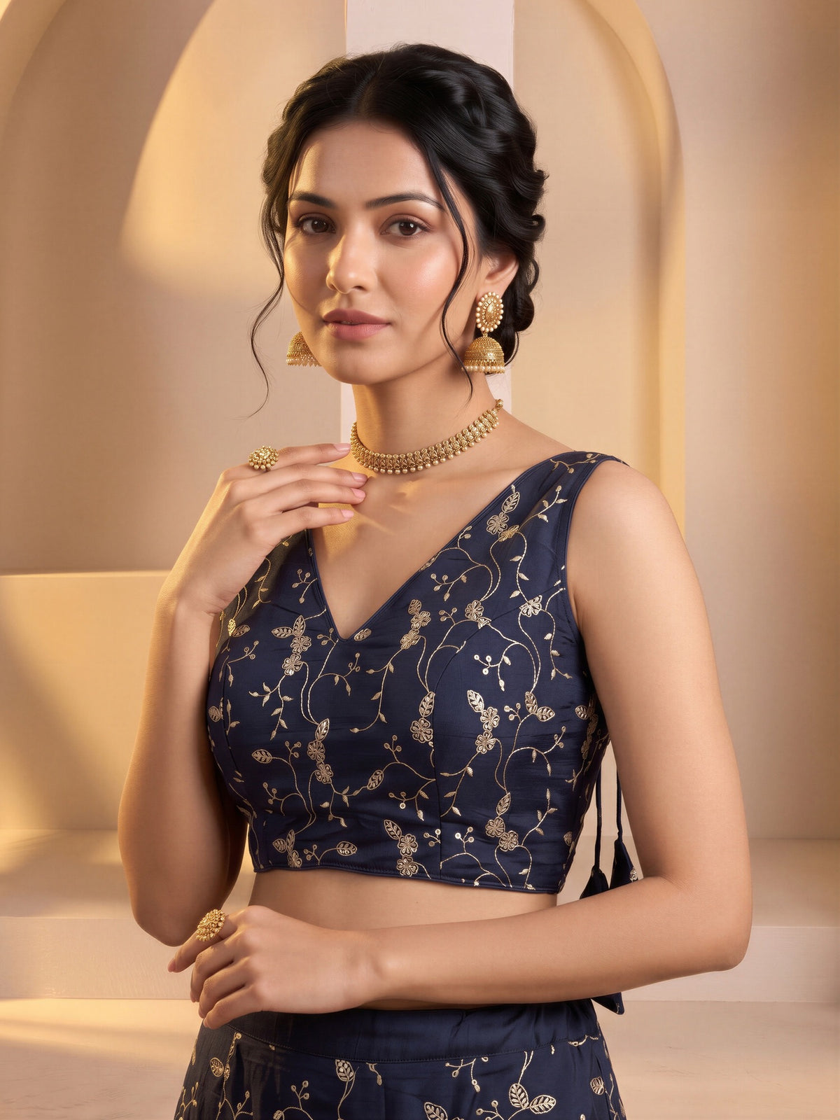 Navy Blue sequin embroidered vichitra silk sleeveless readymade saree blouse with v neck view 3