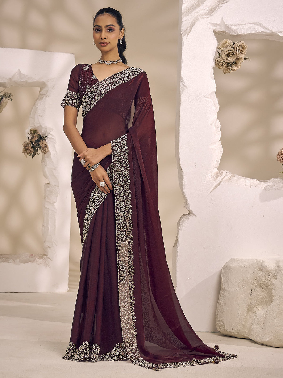 Wine solid satin silk saree with wine blouse piece