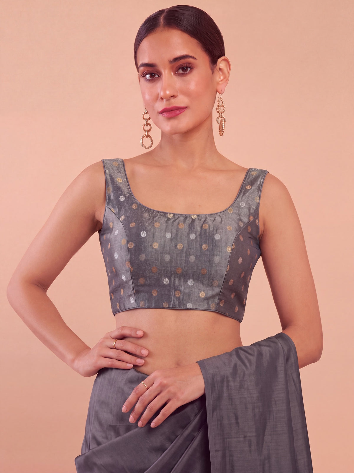 Charcoal Grey zari woven georgette sleeveless readymade saree blouse with round neck view 4