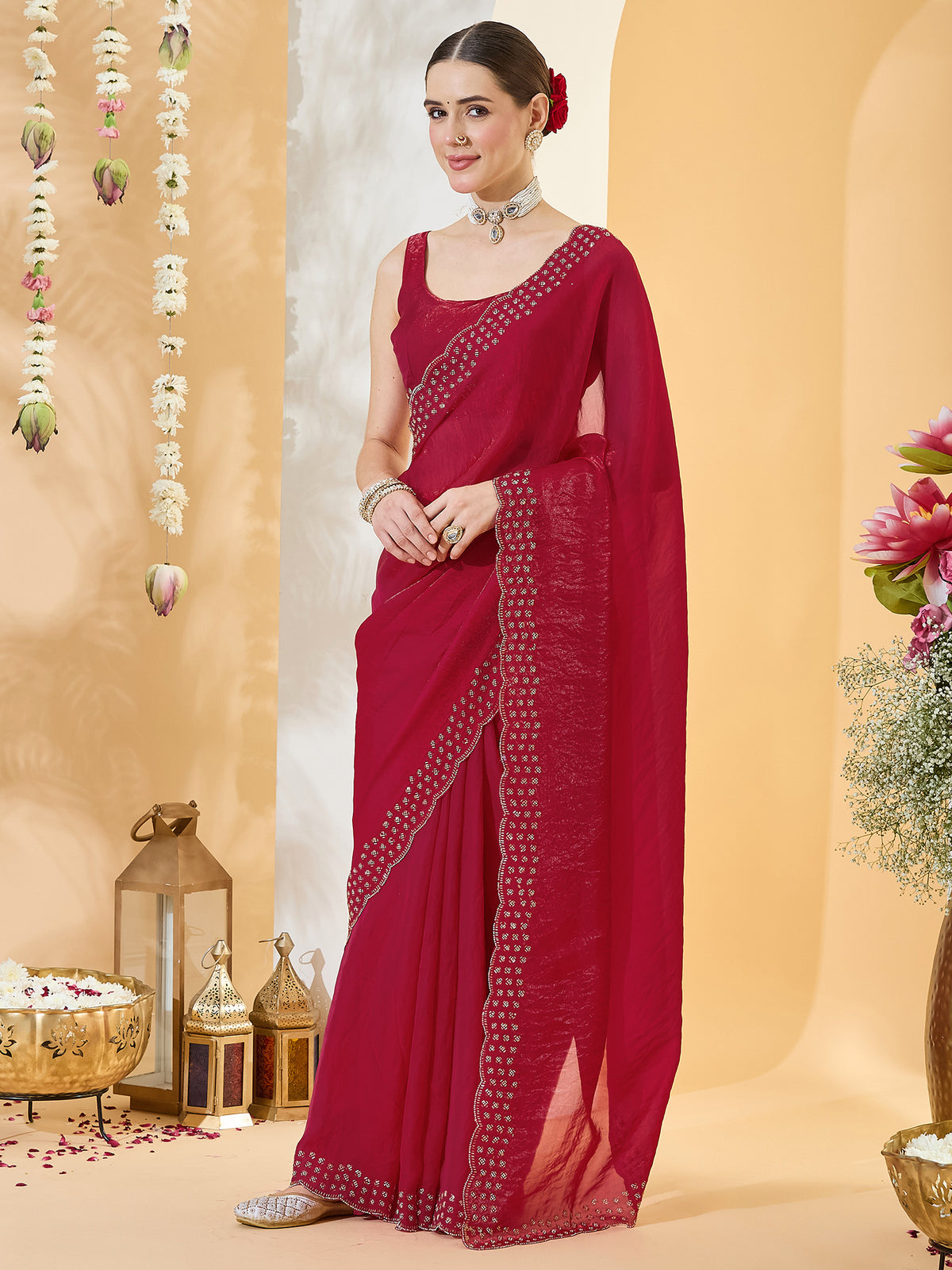 Red Satin saree – detail view 2