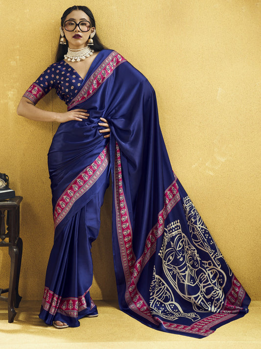 Navy Blue ajrak satin saree with navy blue blouse piece