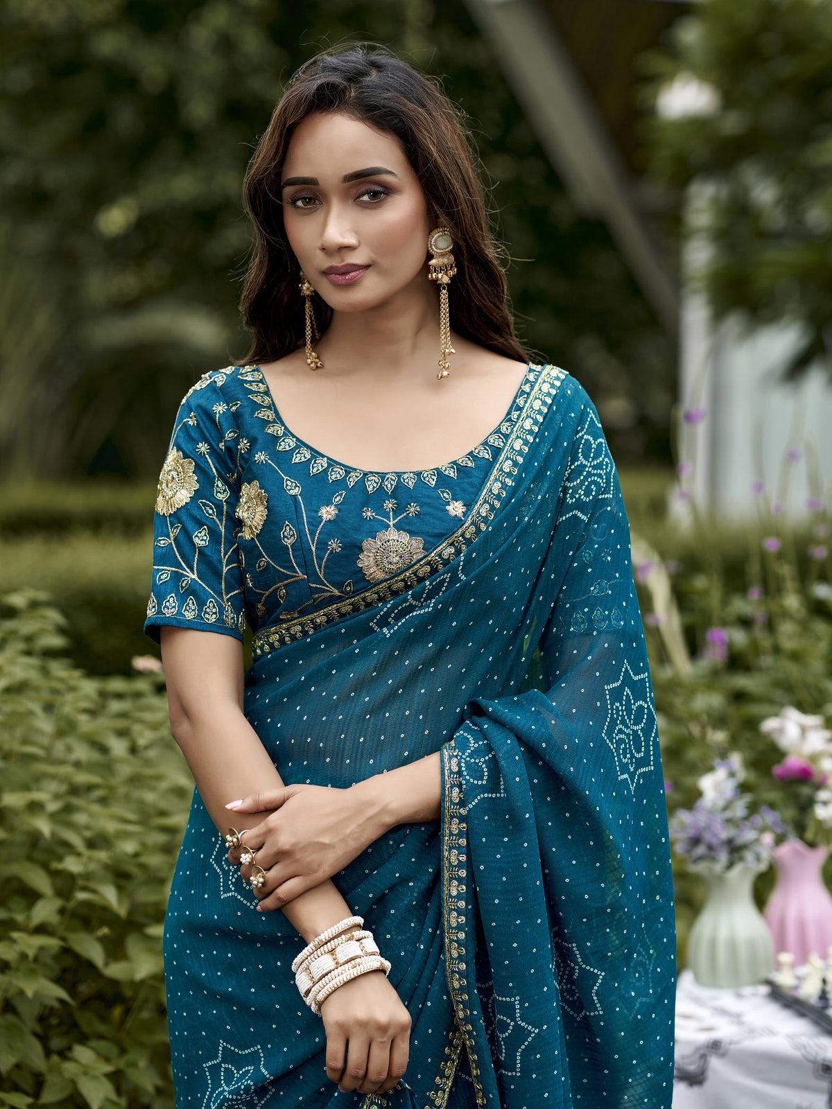 Teal Blue georgette saree view 1