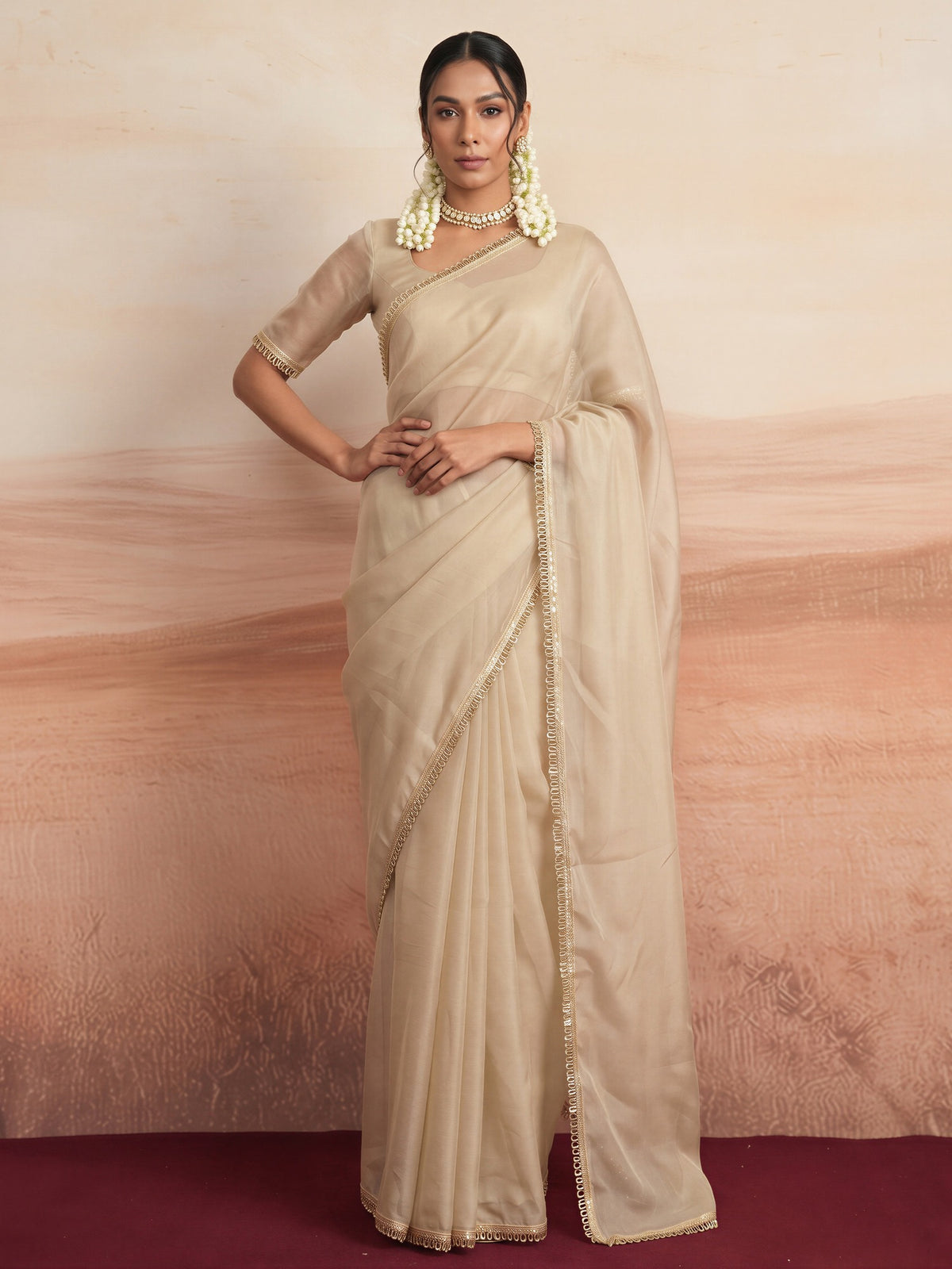 Cream solid satin silk saree with cream blouse piece