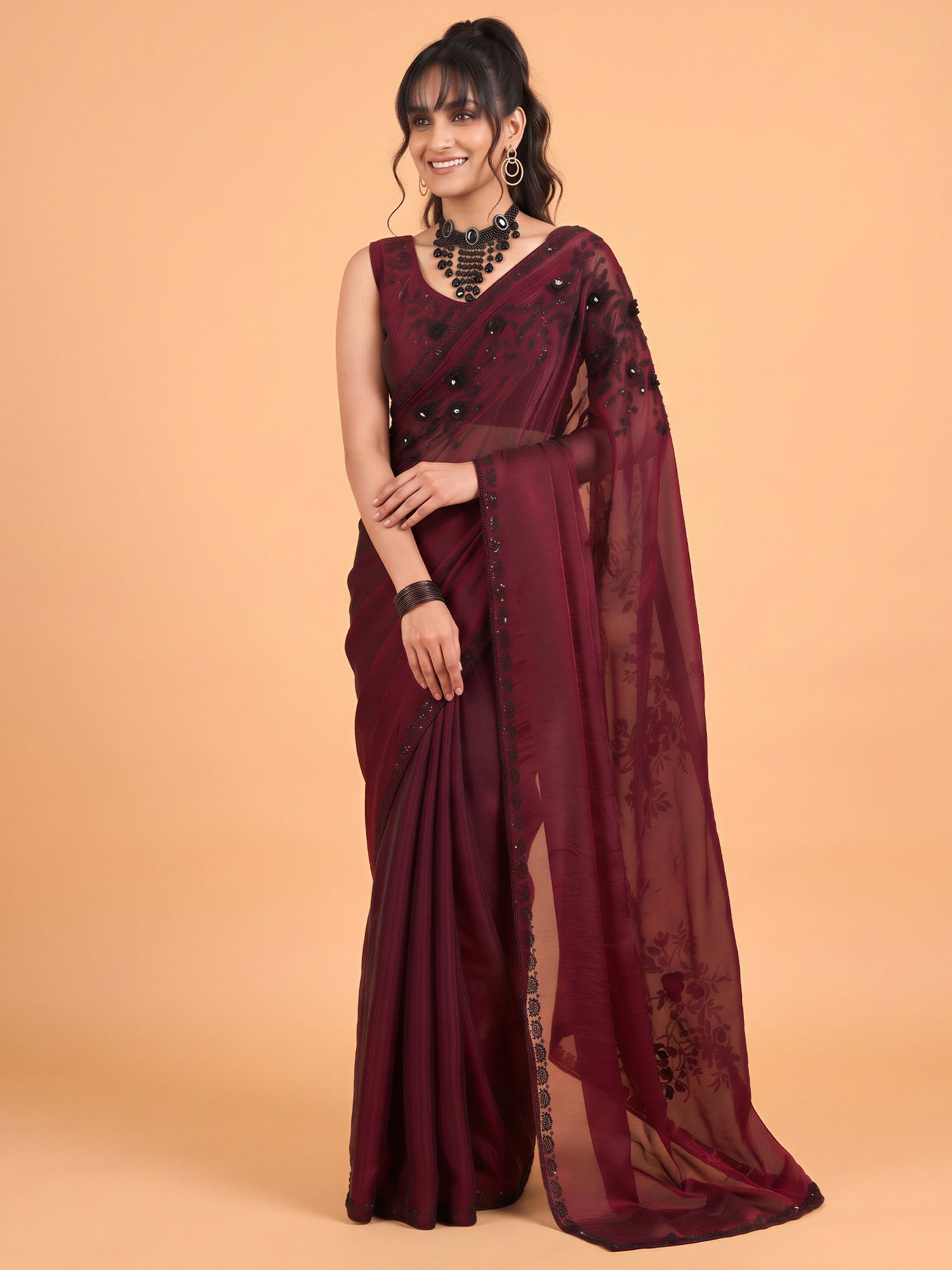 Maroon Satin Silk saree – detail view 3