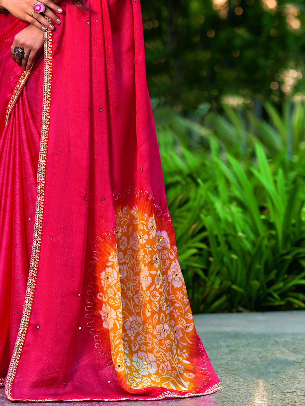 Red chiffon saree view 4