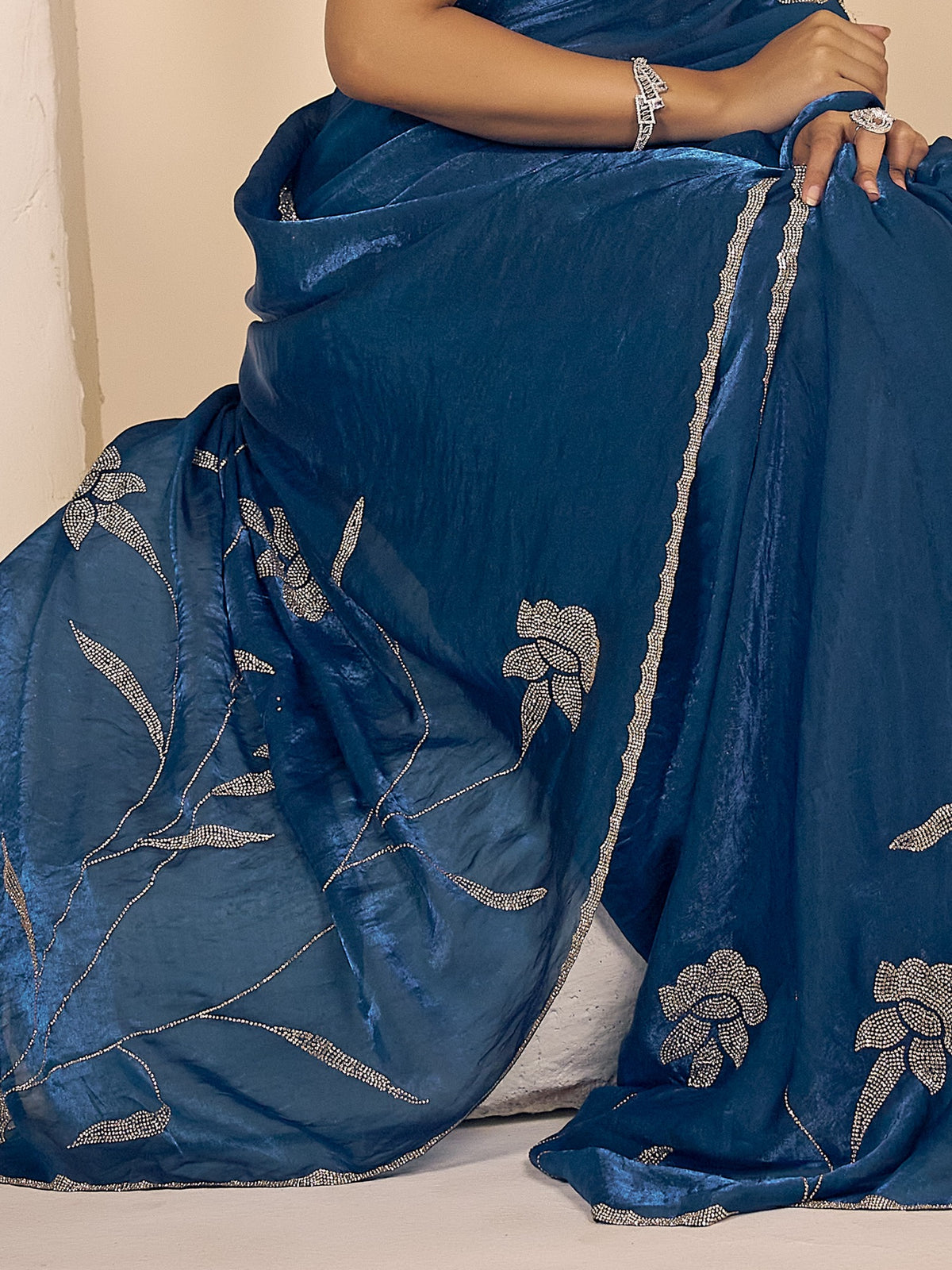 Teal Blue satin silk saree view 5