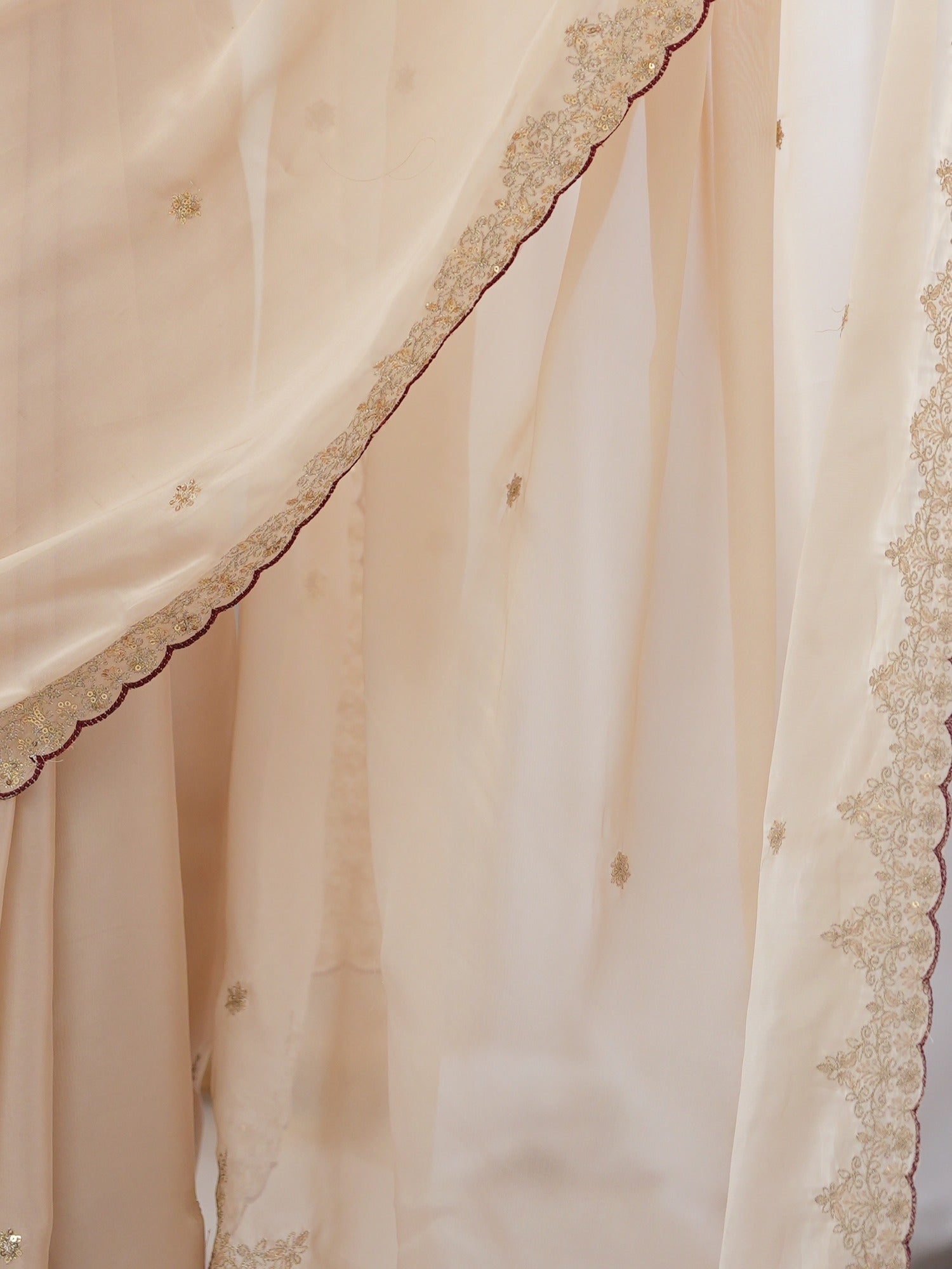 Pallu detail of beige georgette saree showing ornamented surface design and scallop border