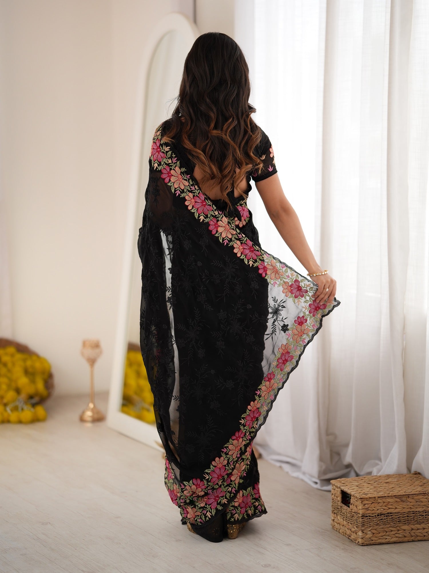 Black Georgette saree – detail view 1