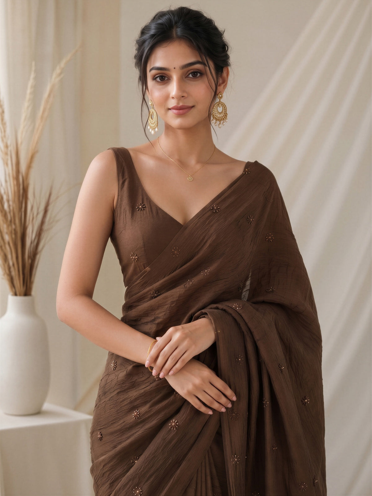 Brown Poly Crepe saree – detail view 4