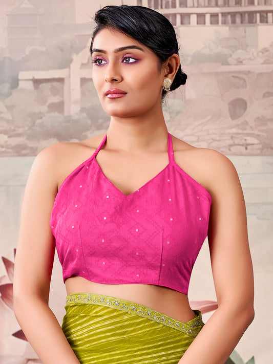 Unstitched pink georgette blouse piece with zari butta design