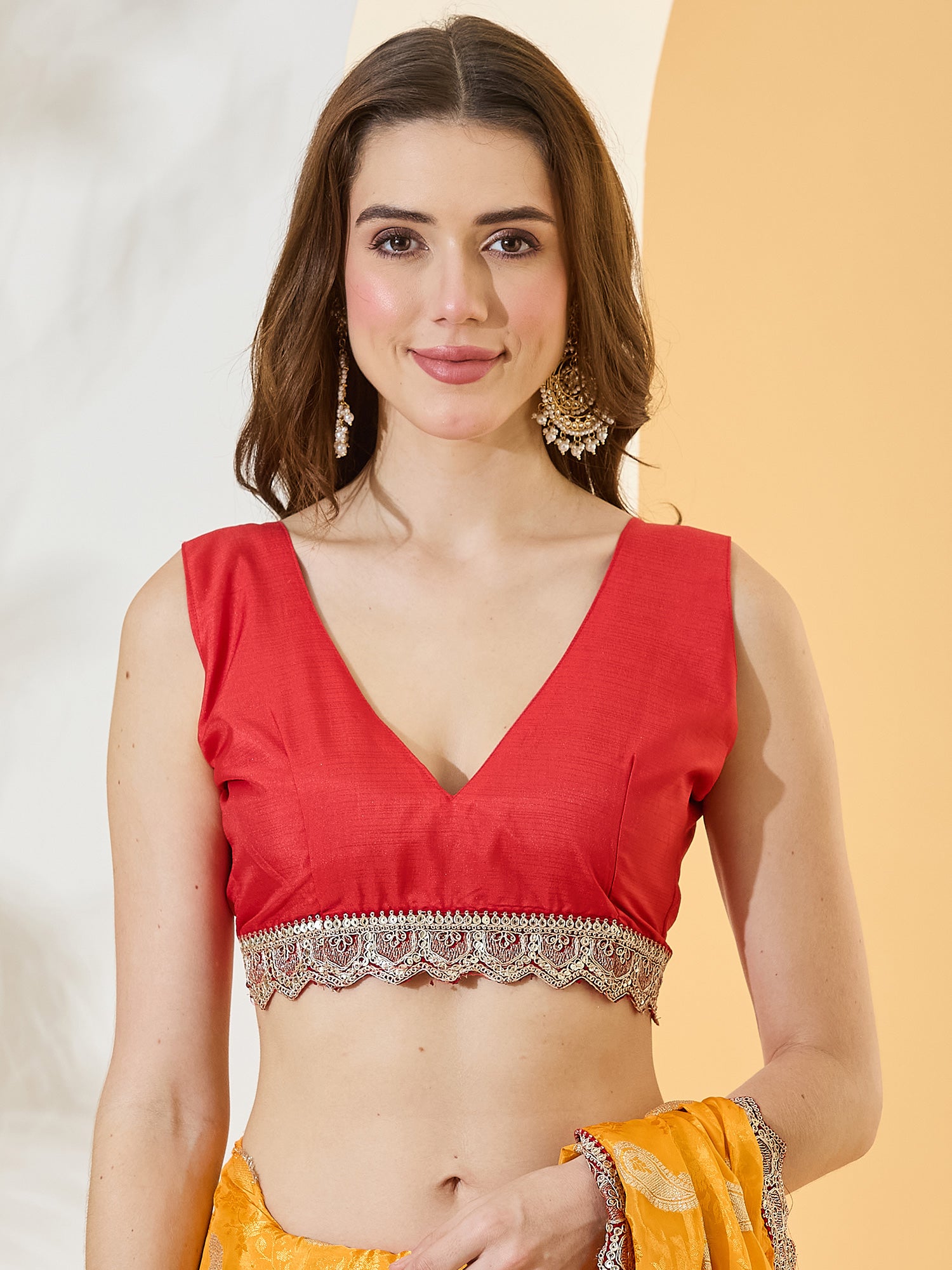 Unstitched red viscose silk blouse piece with embellished design