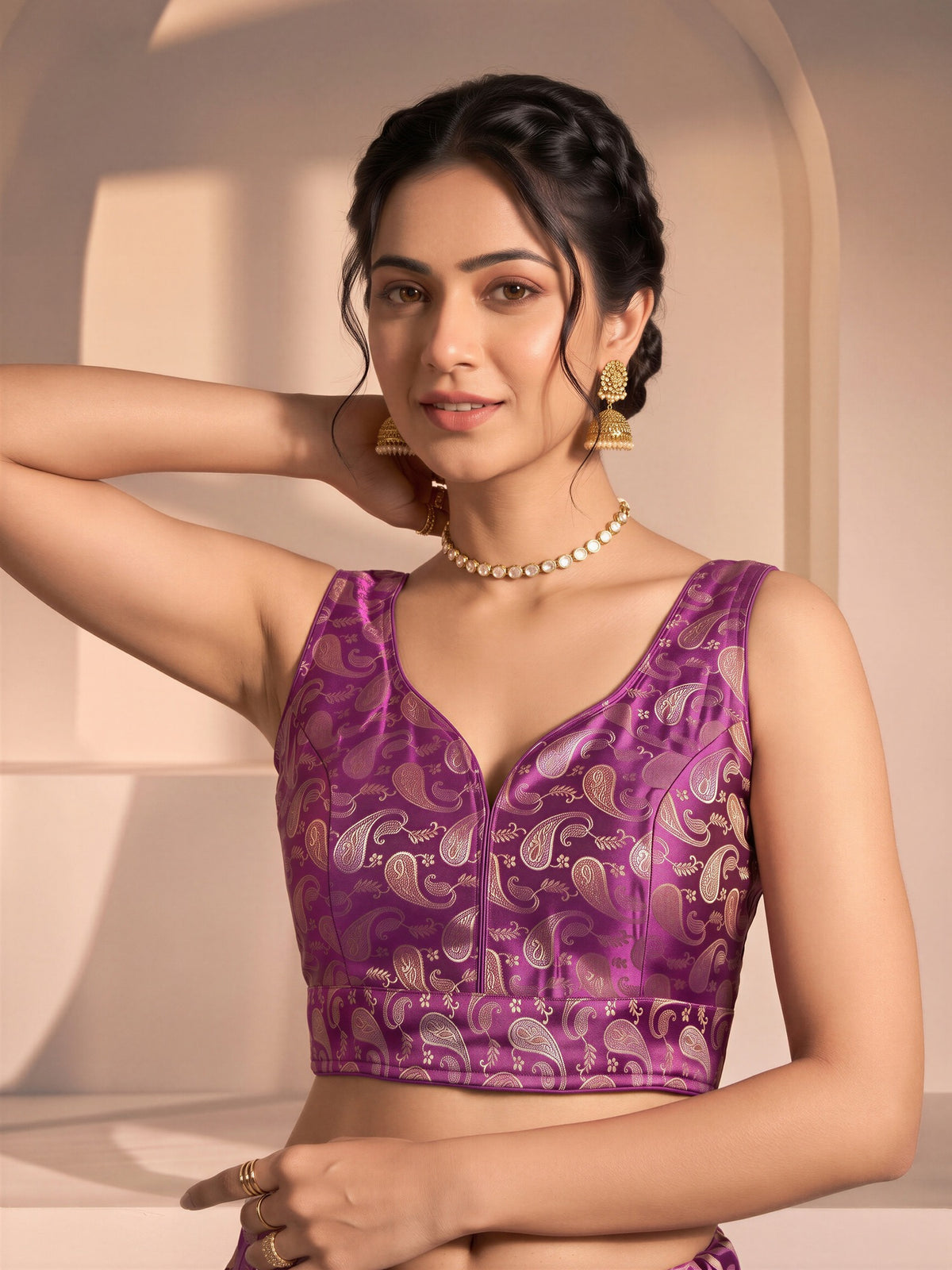 Purple woven brocade silk blend sleeveless readymade saree blouse with v neck view 2