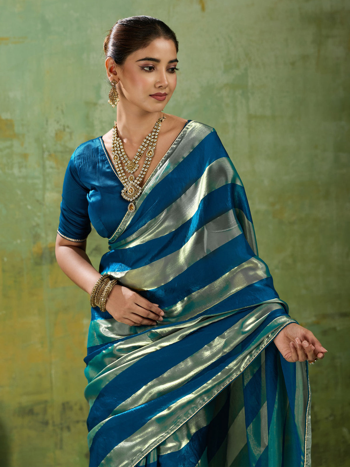 Teal Blue Satin Silk saree – detail view 3
