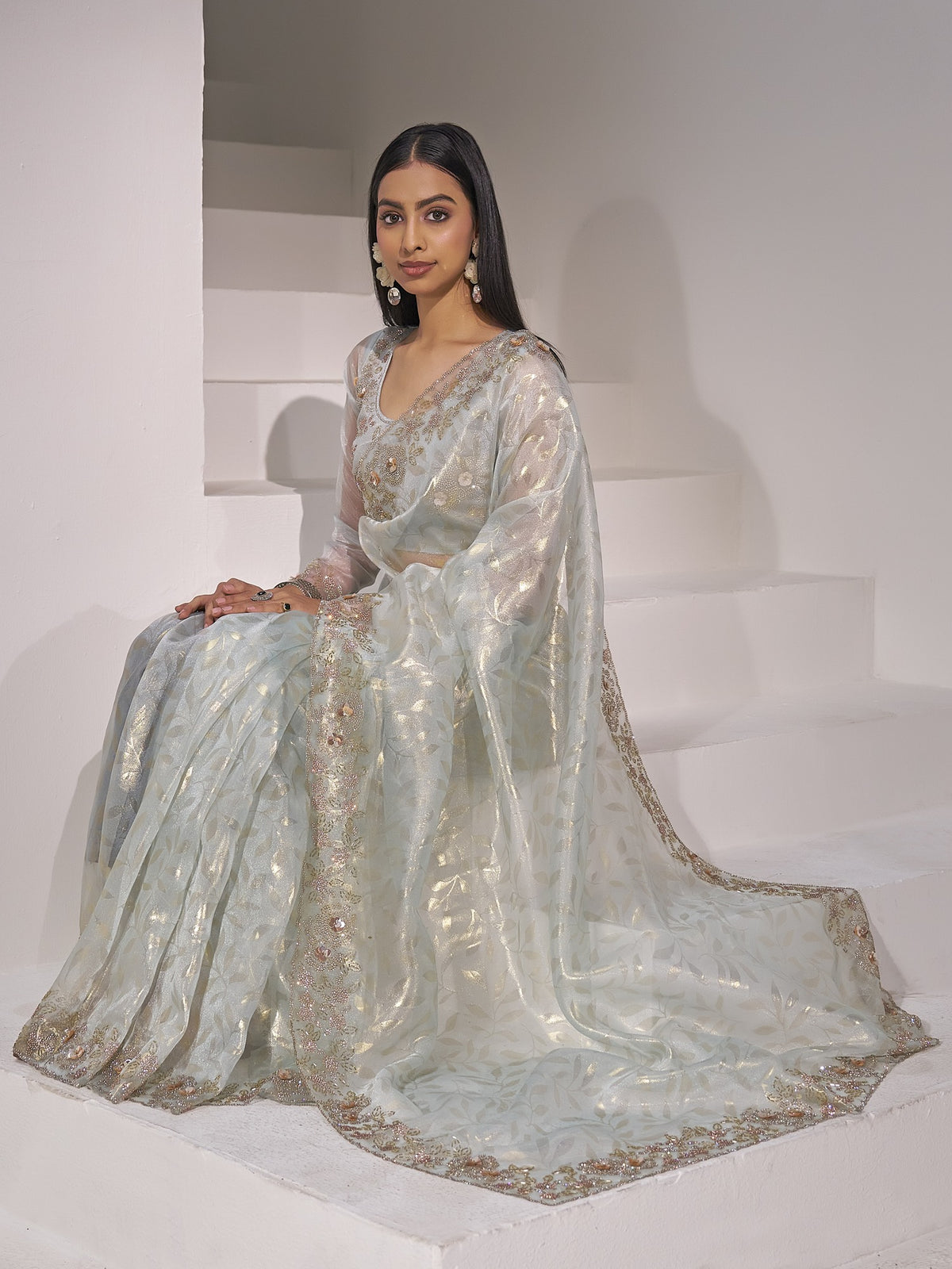 Light Blue organza saree view 2