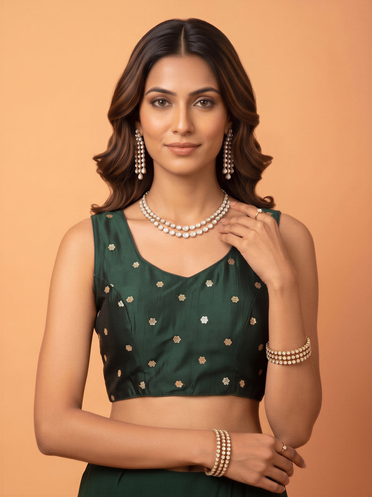 Dark Green sequin embellished chinnon sleeveless readymade saree blouse with round neck view 3