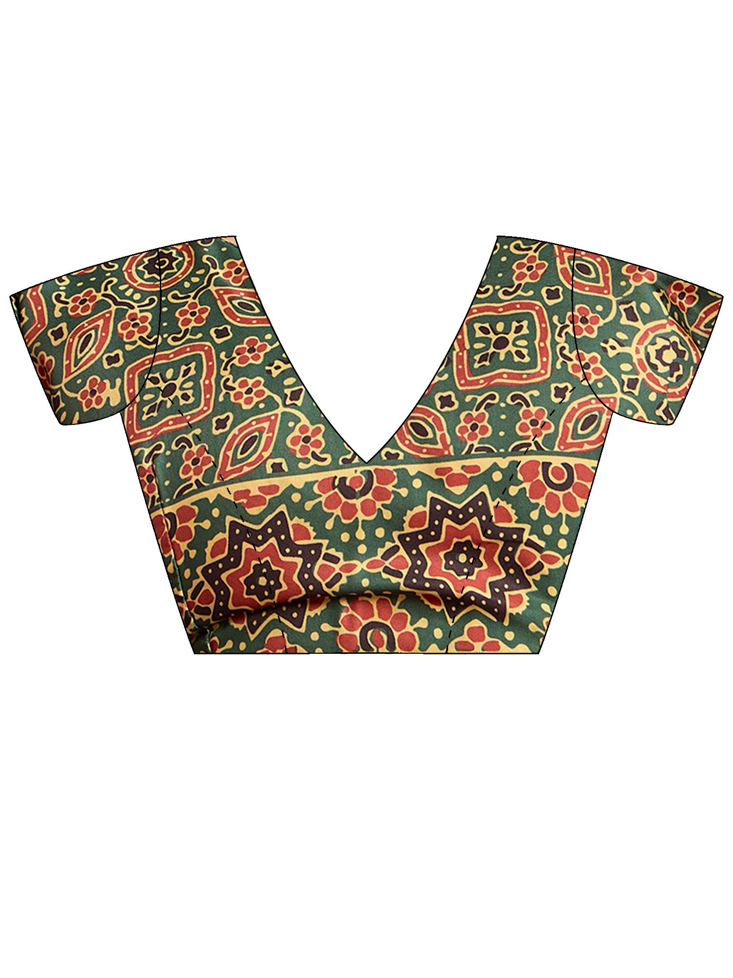 Unstitched green silk blend blouse piece with ajrak design