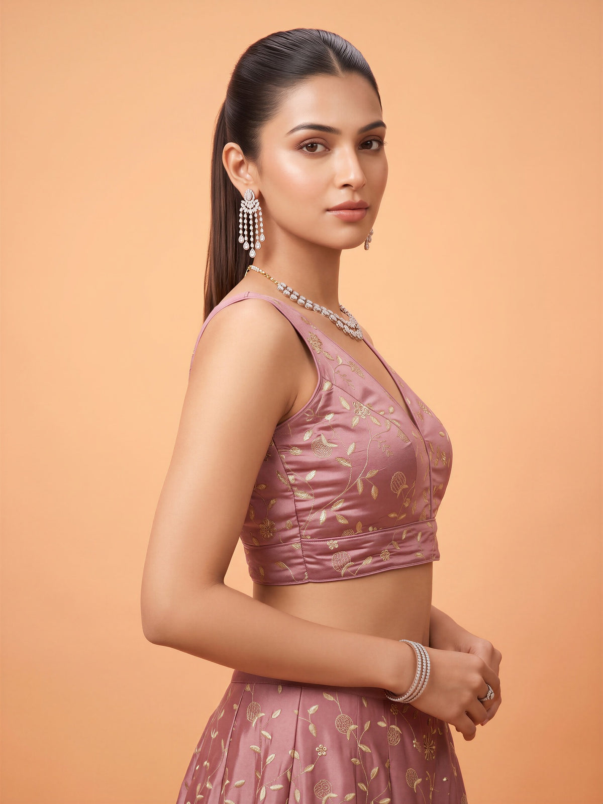 Mauve sequin embellished silk blend sleeveless readymade saree blouse with v neck view 1