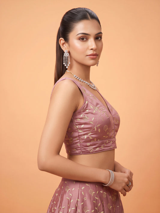 Mauve sequin embellished silk blend sleeveless readymade saree blouse with v neck view 1