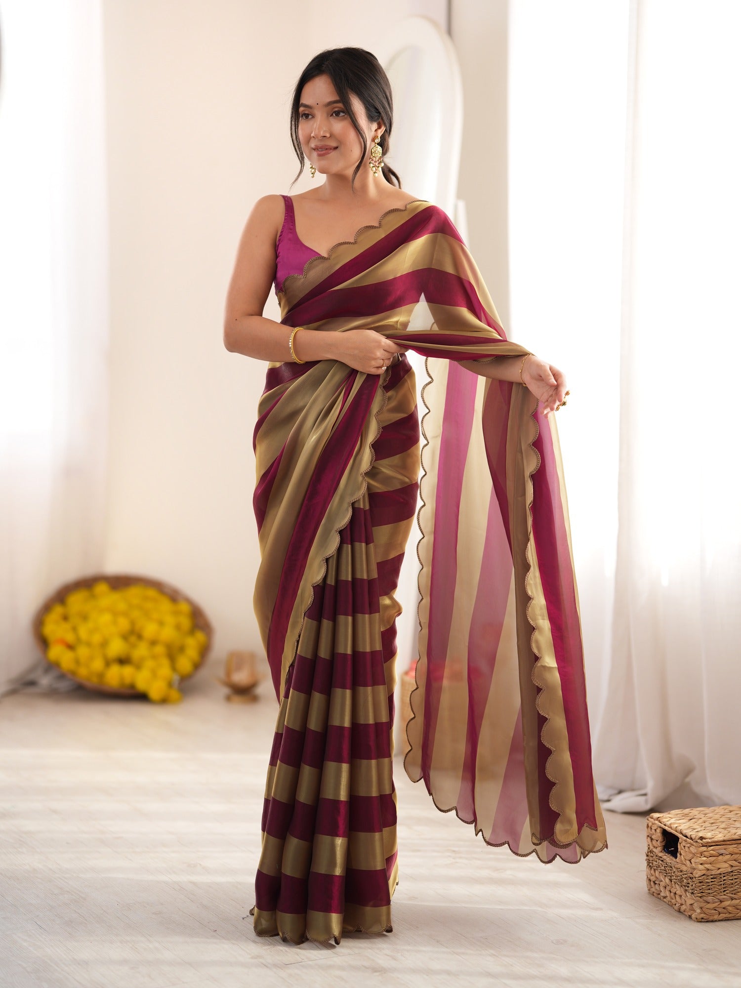 Wine Satin saree – detail view 2