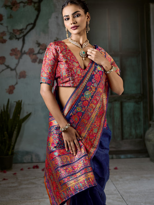 Navy Blue cotton saree view 1