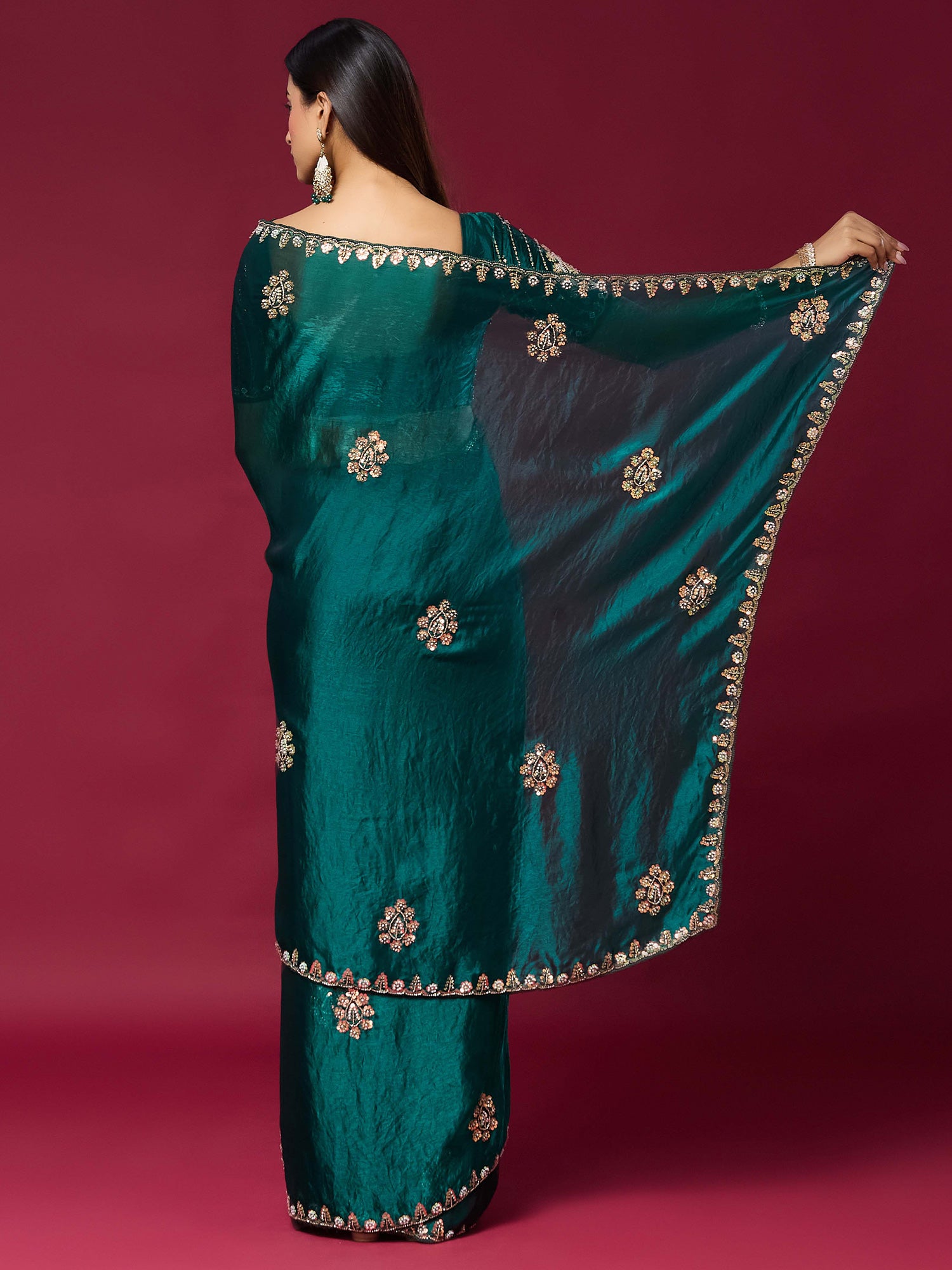 Teal Green Satin Silk saree – detail view 1
