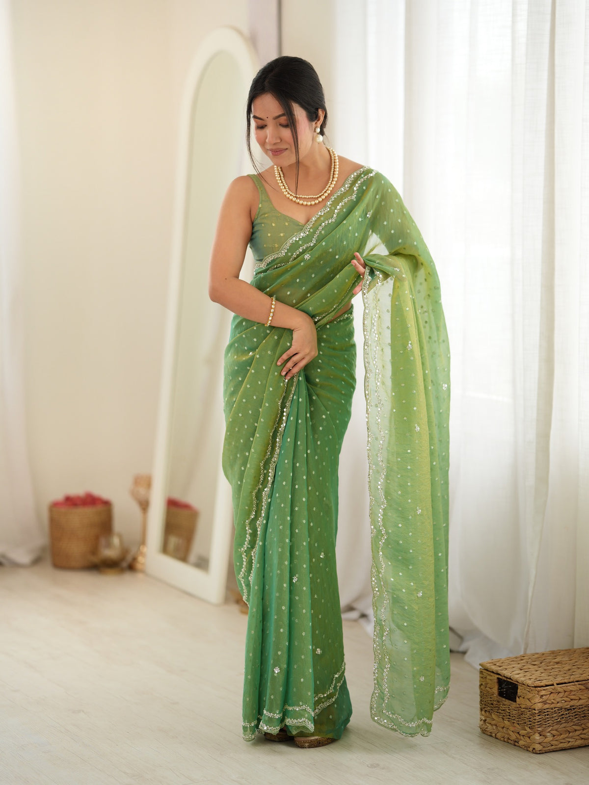 Lime Green Georgette saree – detail view 4