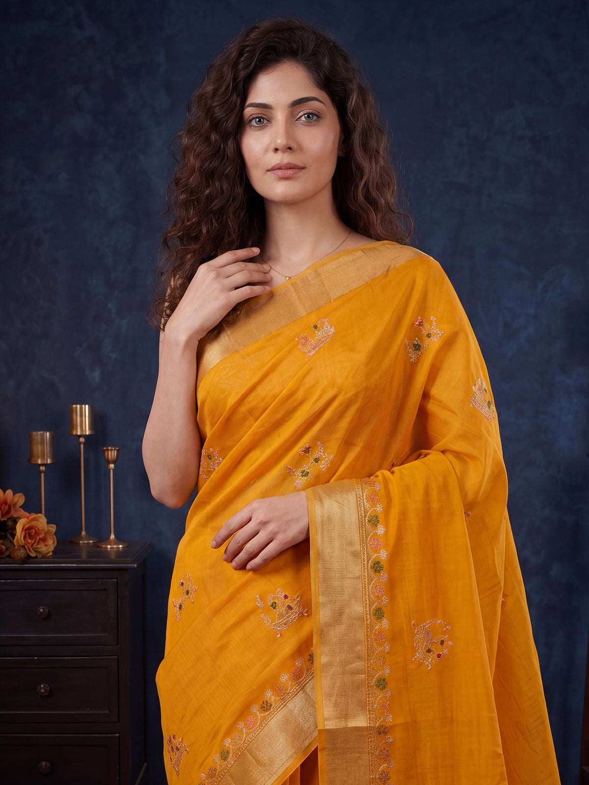Mustard Cotton Linen saree – detail view 4