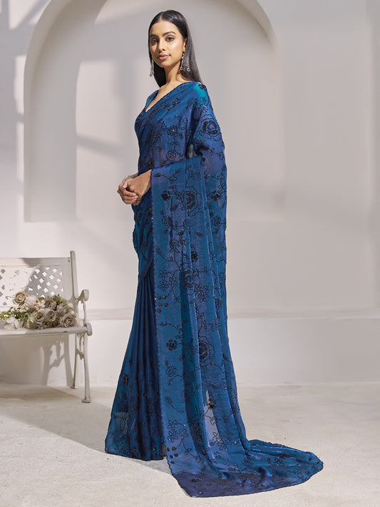 Teal Blue satin silk saree view 1