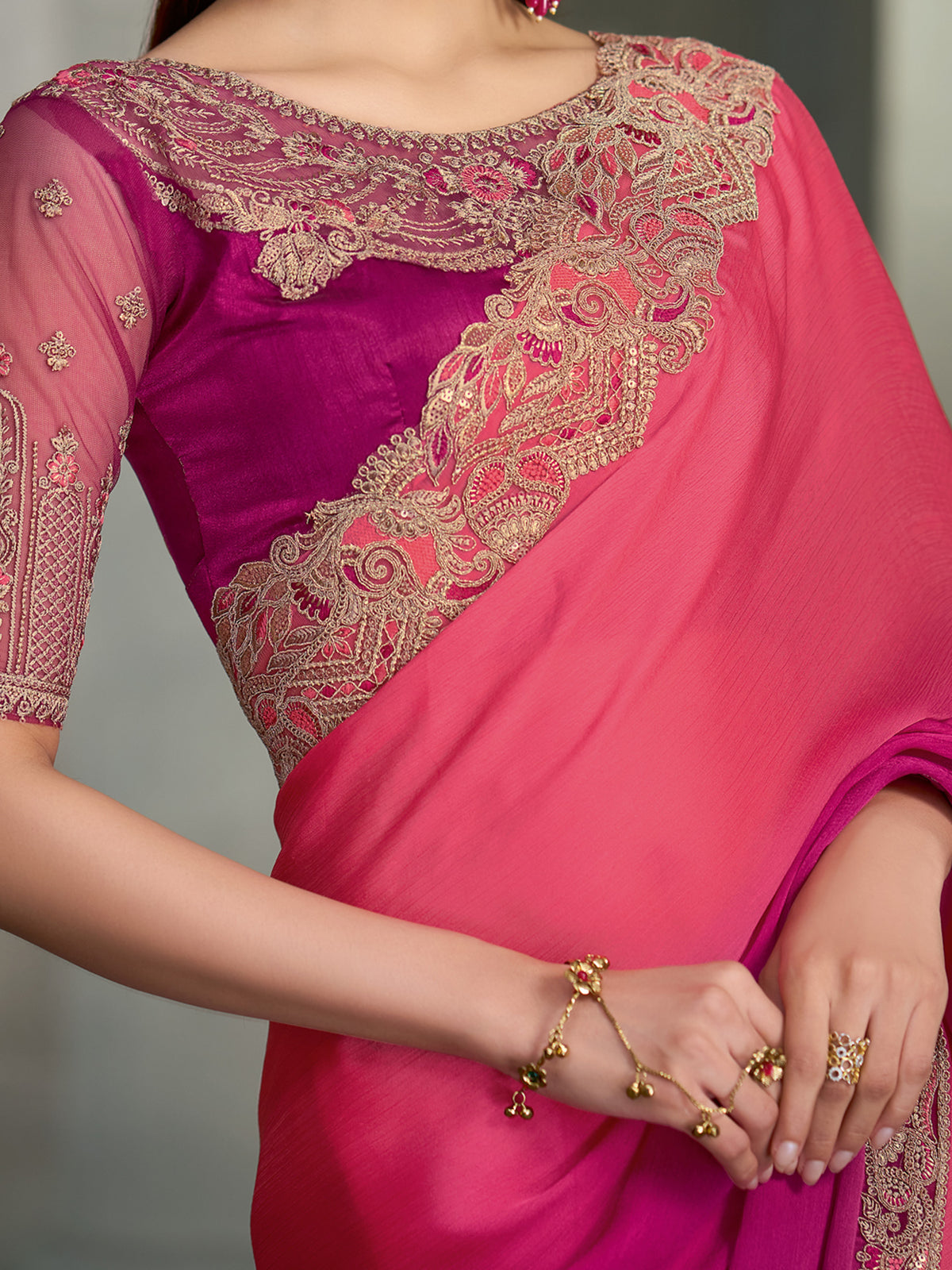 Pink Chiffon saree – detail view 3