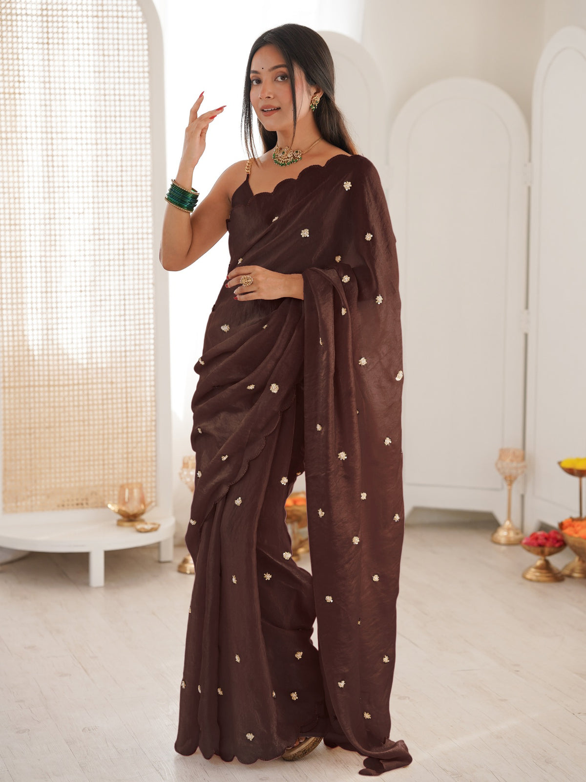 Brown satin saree view 3
