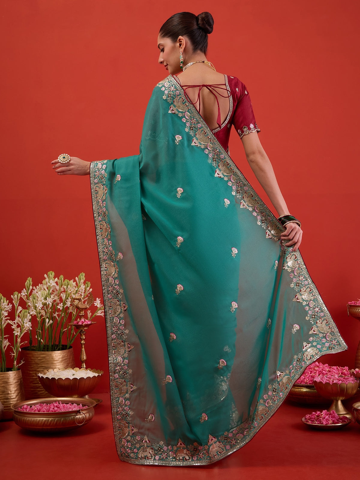 Teal Green Georgette saree – detail view 2