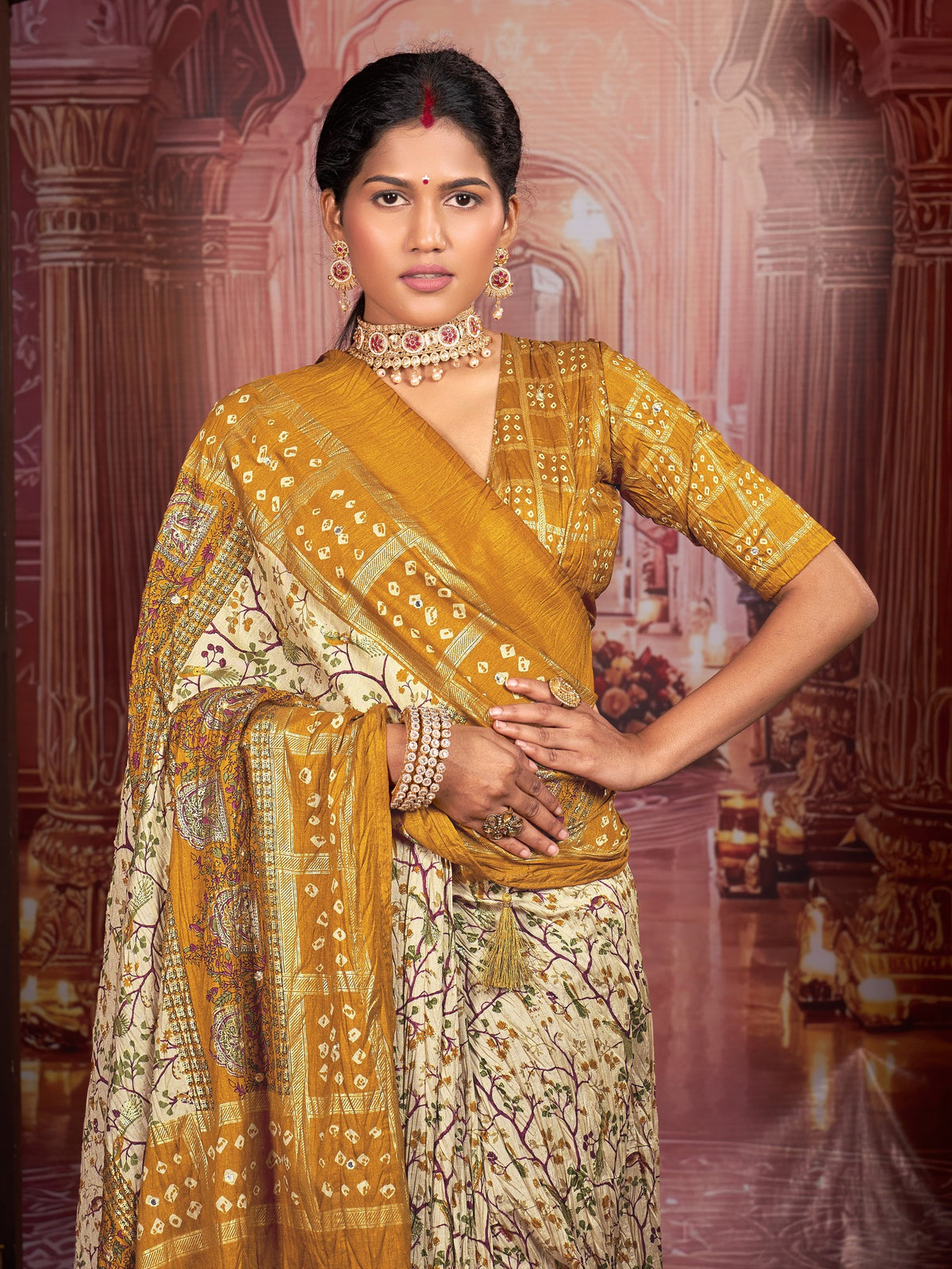 Cream tussar silk saree view 3