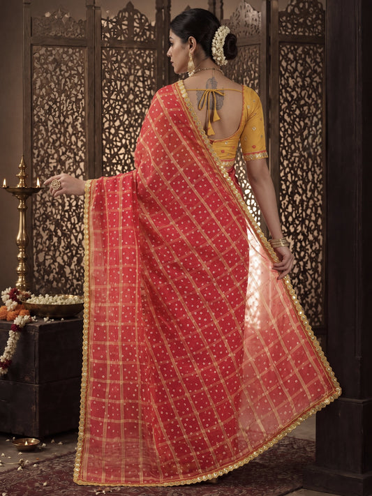 Red Viscose saree – detail view 1